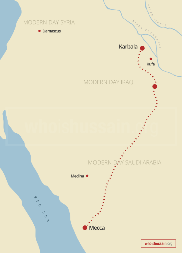Carte du voyage de Hussain ibn Ali de la Mecque à Karbala